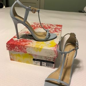 Patent leather t-strap stilettos, baby blue, NWT